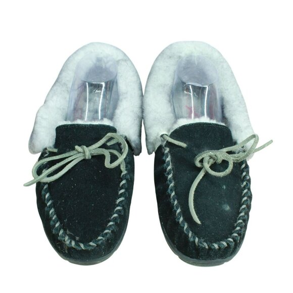 LL Bean Black Suede Wicked Good Shearling Lined Moccasin Slippers Size 10 M - Picture 5 of 8